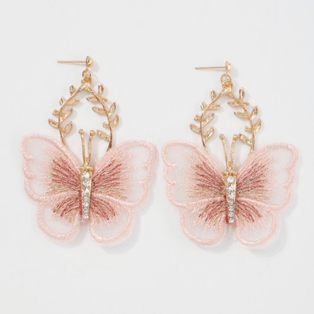 Pink gold lace floral dangle butterfly earrings